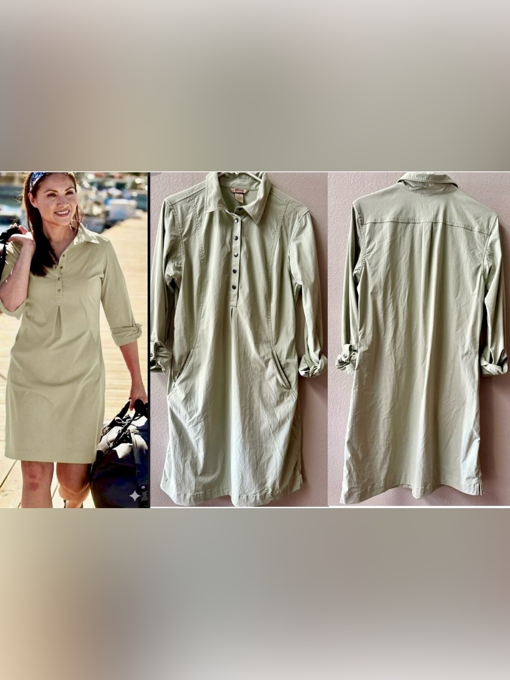 Duluth Trading Co Breezeshooter Breathable Shirt Dress w/Pockets Sage Size M